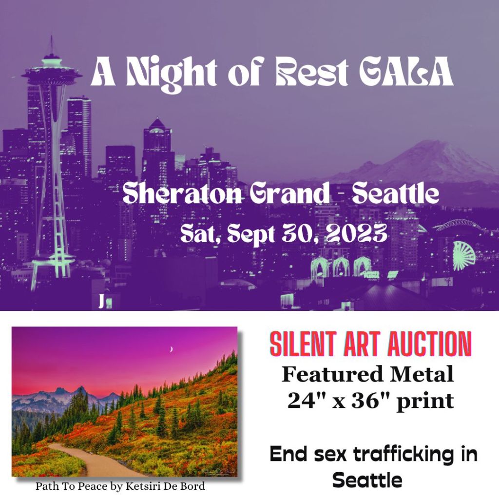 Poster about Kiss of Heaven's nature photograph image is used for silent art auction at a night of REST gala dinner at Sheraton Grand Seattle on September 30, 2025