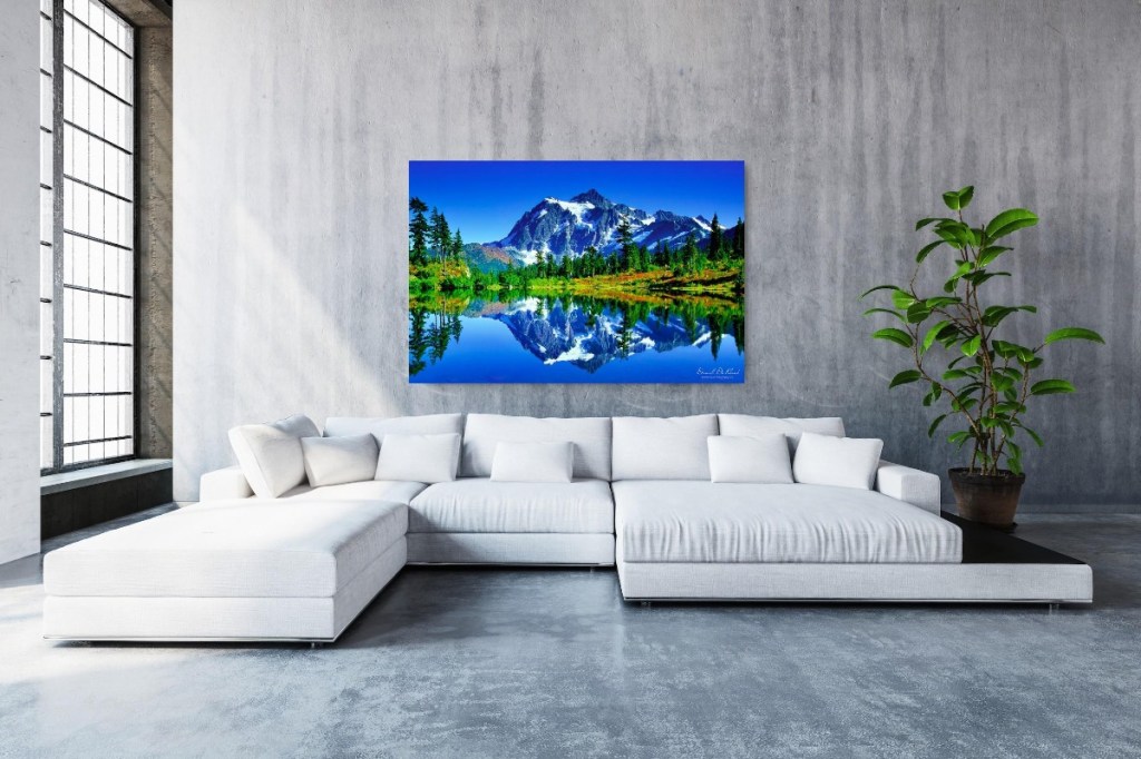 A beautiful fine art nature photograph print of Mt Shuksan in a white wall room