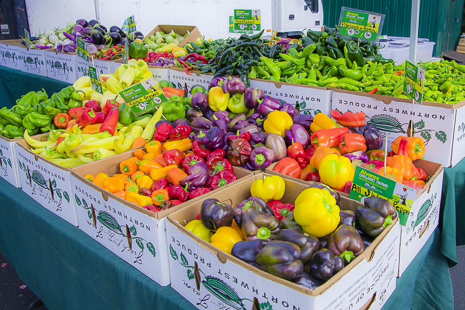 Products of fresh peppers and veggies at the farmer market. Commercial photographer in Yakima Valley, WA.