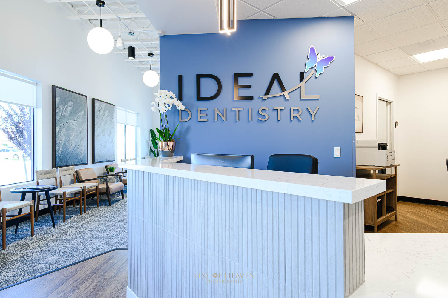 Front desk area of IDEAL DENTISTRY, a modern dental clinic in Richland, WA. Commercial photographer by Kiss of Heaven Photography.